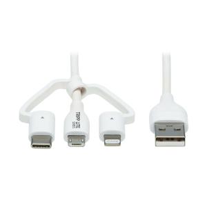 TRIPP LITE Safe-IT Universal USB-A to Lightning, USB Micro-B and USB-C Sync/Charge Antibacterial Cable (M/3xM), MFi Certified, White, 1.2m