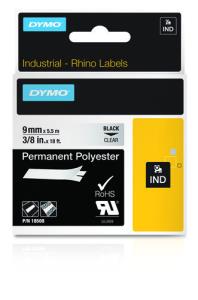 RHINOPRO POLYESTER LABELS 9MM X 5.5M BLACK ON TRANSPARENT