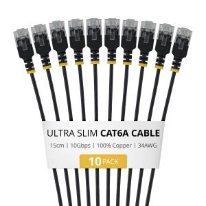 Ultra Slim CAT6a Ethernet Cable 15cm Black 10 Pack