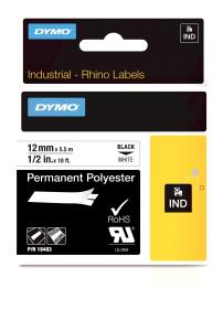 Tape - Black On White - 12mm X 5.5m - Permanent Polyester