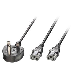 Splitter Extension Cable - 1 X Uk 3 Pin Plug  To 2 X Iec C13 - Black - 2.5m