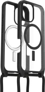 iPhone 16 Case with Strap - React Series Necklace Magsafe - Black Crystal (Clear/Black)